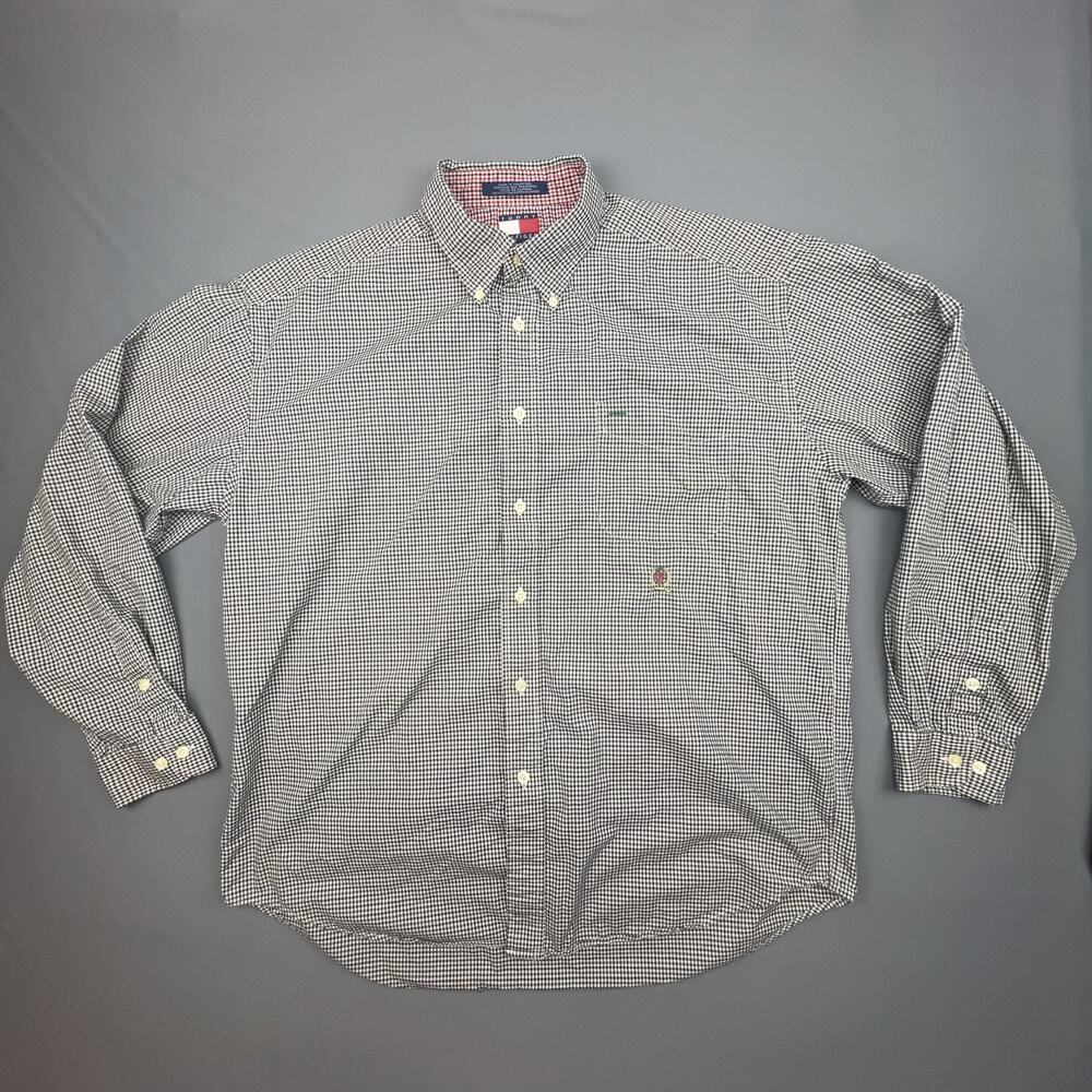 Vintage Tommy Hilfiger Men’s XL Green Gingham Plaid Crest Logo Button Down Shirt